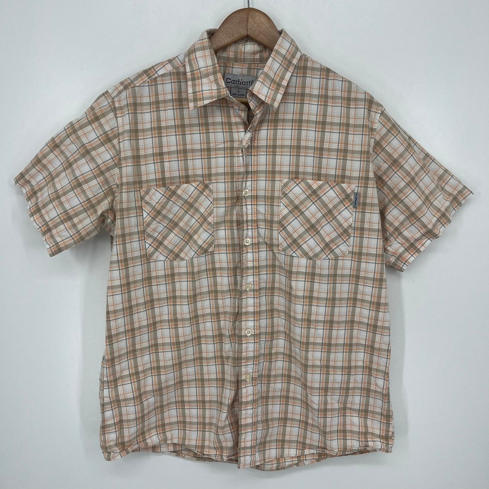 Carhartt Womens Large Plaid Button Down Shirt Orange Brown Cotton Short Sleeve